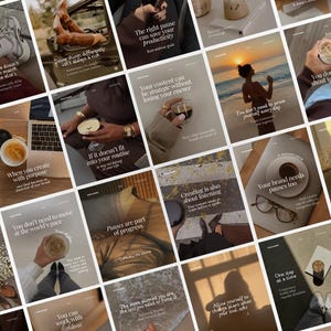 Könnte beinhalten: Eine Sammlung von digitalen Kunstdrucken zum Thema Lifestyle mit inspirierenden Zitaten in minimalistischer Ästhetik. Die Bilder zeigen verschiedene Szenen, darunter Kaffee, Sonnenuntergänge und Mode, mit Textüberlagerungen. Die Farbpalette ist warm und neutral.