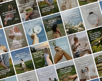 Puede incluir: Una colección de carteles de estilo de vida con citas inspiradoras e imágenes. Los carteles presentan paletas de colores suaves, escenas de la naturaleza y texto como "Life also transforms in the time of pause" y "You need to breathe, not just produce."