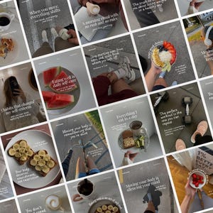 May include: A collage of lifestyle images featuring food, drinks, and text. The images include text such as "Eating well is daily self-care" and "Moving your body is silencing your mind." The images are in a light, airy style.