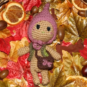 May include: A handcrafted crochet doll wearing a pink hat and carrying a small brown purse, set amongst autumn leaves, acorns, and dried orange slices. The doll has a green vest and a neutral-coloured body.