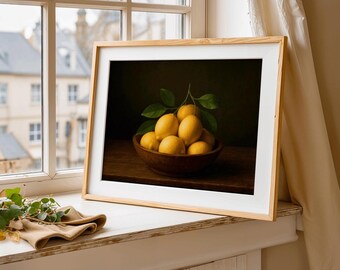 May include: A framed print of a still life featuring a wooden bowl filled with ripe lemons and green leaves. The lemons are a vibrant yellow, and the bowl sits on a dark wooden surface. The frame is light-colored wood.
