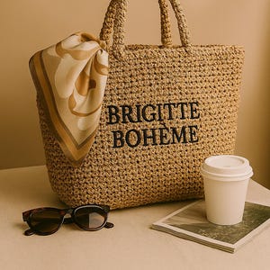 Personalized Raffia Beach Tote Bag, Handmade Embroidered Shopper