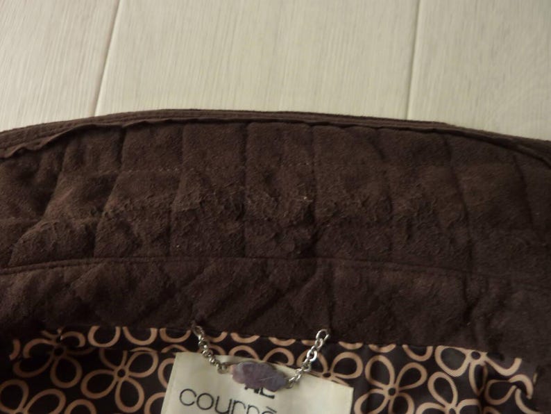 May include: Close-up of a brown suede jacket collar with quilted stitching. The interior lining features a floral pattern in shades of brown and beige. A silver chain and tag are visible at the bottom.