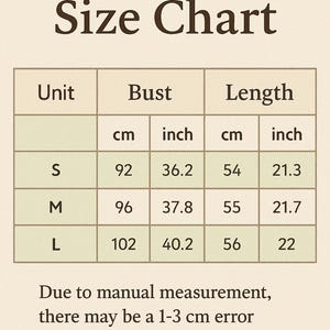 May include: Size chart with bust and length measurements in inches and centimeters. Sizes S, M, and L are listed with corresponding measurements. The chart includes a note about potential 1-3 cm measurement errors.