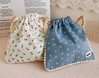 Liberty Style Cotton Drawstring Bag, Floral Print, Ruffle Detail