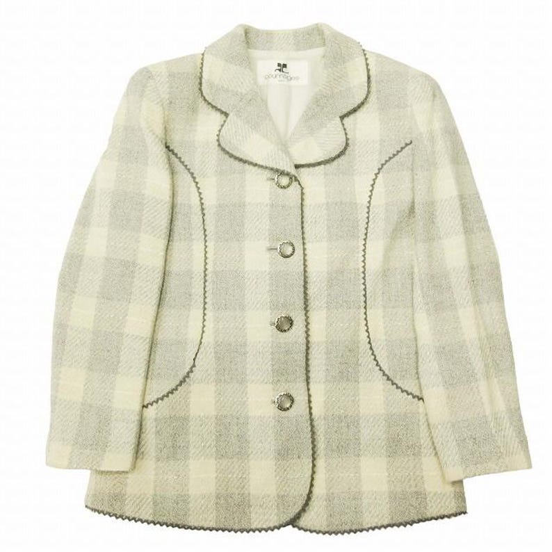 Vintage Courrèges Check Tweed Skirt Suit Set - Wool Blend Ruffle Tailored Jacket image 3
