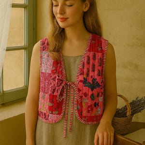 May include: A sleeveless, patchwork vest in shades of pink and red, featuring floral and geometric patterns. The vest has a tie closure and is worn over a neutral-colored dress. A basket of lavender sits nearby.