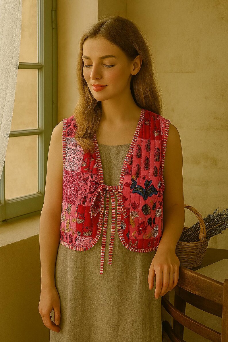 May include: A sleeveless, patchwork vest in shades of pink and red, featuring floral and geometric patterns. The vest has a tie closure and is worn over a neutral-colored dress. A basket of lavender sits nearby.