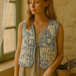 May include: A sleeveless vest with a blue and white floral pattern. The vest has a tie closure and is worn over a tan dress. The vest's trim is striped in blue and white. A small basket with lavender sits on a wooden table.