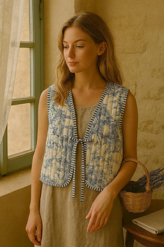 Blue Toile de Jouy Quilted Cotton Vest, Reversible Tie-Front Gilet
