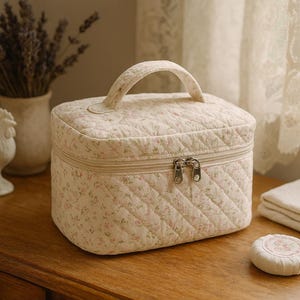 Può includere: Un beauty case trapuntato con motivo floreale, manico e chiusura a zip. La borsa è beige con una delicata stampa floreale rosa. Una statuetta di gallo in ceramica bianca e un vaso con lavanda secca sono sullo sfondo.