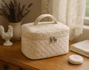 Personalized Floral Makeup Bag: Quilted Cosmetic Travel Pouch, Bridesmaid Gift,Custom Embroidered Flower Makeup Bag,Monogrammed Toiletry Bag