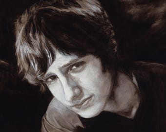 May include: A sepia-toned portrait painting of a person with dark hair and a contemplative expression. The subject's gaze is directed downward, with the face and hair highlighted against a dark background. The artwork is a close-up, focusing on the face.