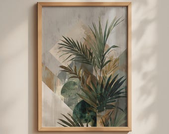 May include: A framed wall art print featuring a botanical illustration of palm leaves and tropical foliage in shades of dark green and muted gold. The background consists of abstract geometric shapes in beige and gray with a textured finish.