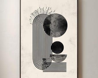 Neutral Abstract Geometric Wall Art | Black and White Scandinavian Poster | Minimalist Line Print