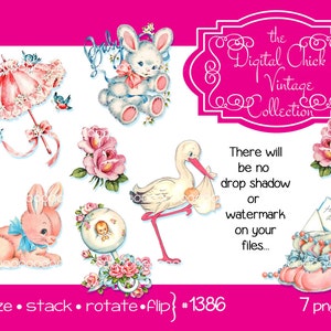 Vintage Baby Clipart: Storch, Kaninchen, Rassel PNG Dateien (digitaler Download)