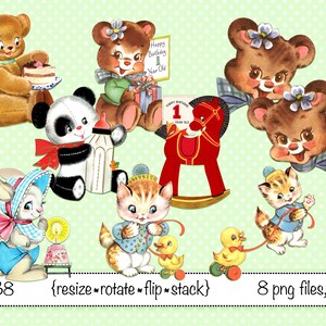 Primer clipart de cumpleaños, Vintage Digital Clipart, descarga instantánea, 1 año de edad, gatito, oso, conejito, caballo mecedor, pato--png archivos 4438