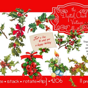 Imágenes prediseñadas digitales, descarga instantánea, imágenes de tarjetas de felicitación de Navidad, cinta de acebo jingle campanas saludos velas bayas - archivos png 4206