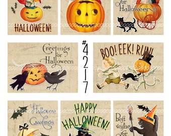 Digital Clipart--instant download--Vintage Halloween, pumpkins witch black cat--Printable Digital Collage Sheet (8.5 by 11 Inches) 4217