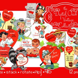 Clipart digital, download instantâneo, Vintage Valentine Clip Art, palhaço caça avião cowboy polícia safári criança meninos arquivos PNG 4115