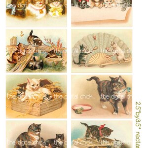 Könnte beinhalten: Eine Collage von Katzenillustrationen im Vintage-Stil. Die Bilder zeigen verschiedene Katzen in unterschiedlichen Posen, einige mit Accessoires wie Schleifen und Glocken. Das Kunstwerk hat ein rechteckiges Format, mit dem Text "the digital chick" und "2.5" by 3.5" rectangles" sichtbar.