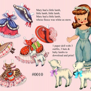 Vintage Kwekerij Rijm papier poppen, paperdolls en kleding, downloaden en afdrukken, Mary had een klein lam, Mary in tegenstelling bedrukbare vellen 0010