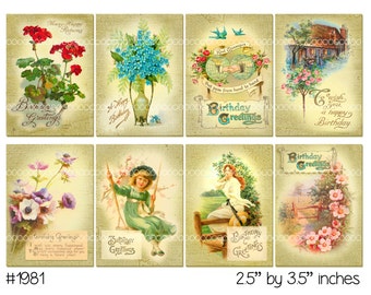 Vintage Collage, instant download, Vintage birthday images, forget me nots, geraniums--Digital Collage Sheet (8.5 by 11 inches) 1981