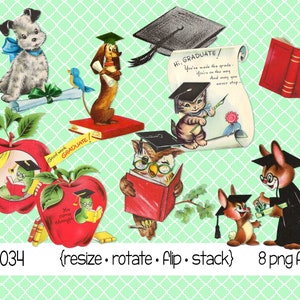 Vintage Graduierung Clipart, Bücher, Grad Mütze, Diplom, Kätzchen, Welpen, Eule, Hase Kaninchen, Wurm, Apfel, digitaler Download PNG-Dateien 5034