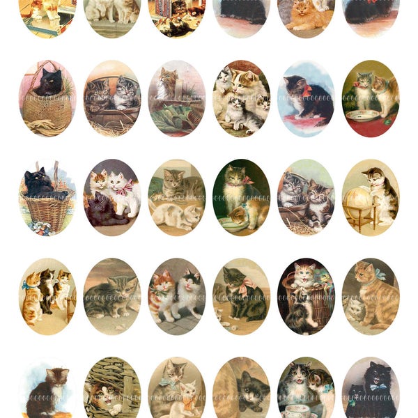 Cabochons Caméo Ovales imprimables, images vintage pour pendentifs 30mm par 40mm chats chatons chatons animaux --8.5 par 11--Digital Collage Sheet 4031