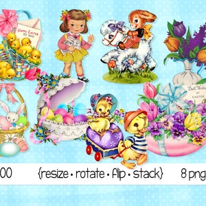 Vintage Easter Clipart: Bunnies, Lamb, Flowers (PNG Files)