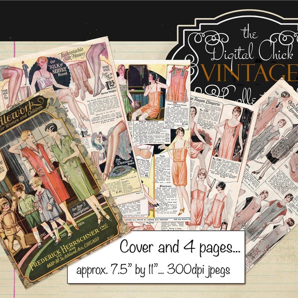 Vintage catalog pages, Digital download clipart, junk journal printable ephemera, 1920s fashion, lingerie--Digital Collage Sheets, 5 pages