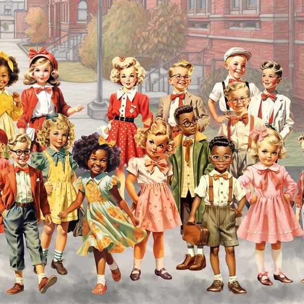 Vintage Retro School Children clipart, little girls and boys, dresses, suspenders, 1950s school Fashion, scrapbooking PNG JPG files 8019