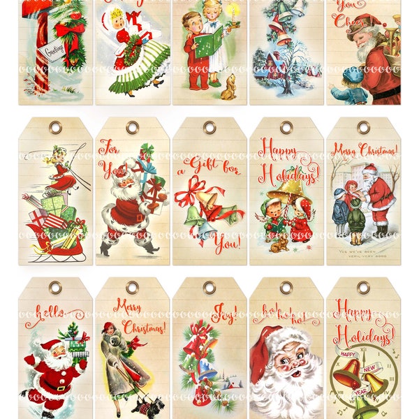 Digital Clipart, instant download, Vintage Christmas Tags, gift tags--Santa Claus Kids bells mailbox--8.5 by 11 Digital Collage Sheet 4035