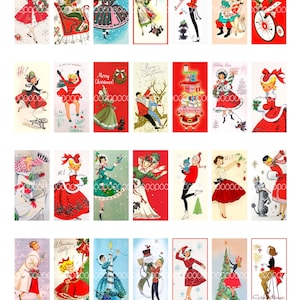 Weihnachten Clipart, sofortiger Download Domino-Anhänger--Frauen Mädchen Weihnachtsbäume Welpen Hunde--druckbare digitale Collage Blatt, 8,5 von 11 4083