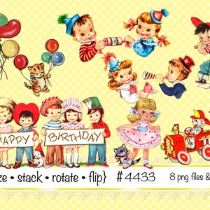 Vintage niños cumpleaños clipart, niña, niño, globos de fiesta niños, estandarte de cumpleaños, camión de bomberos, archivos PNG de béisbol 4433