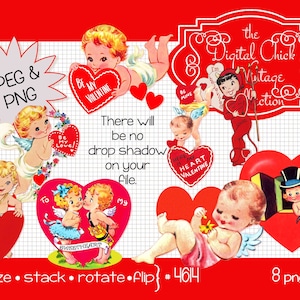 Vintage Valentines, clipart digital, descarga instantánea, cupido, ángel, diablo, corazones, Clip Art - PNG archivos 4614