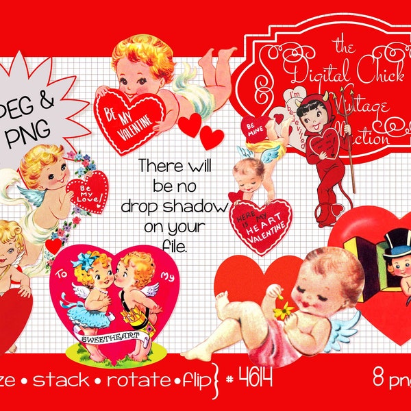 Vintage Valentines, digital clipart, instant download, cupid, angel, devil, hearts, Clip Art--PNG files 4614