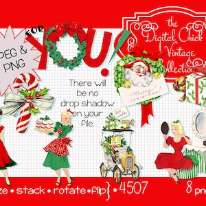 Digitale Clipart, Instant Download, Vintage Weihnachtskarten Bilder, Damen, Frau, Welpe Hund, Weihnachtskleider--Druckbare PNG Dateien 4507