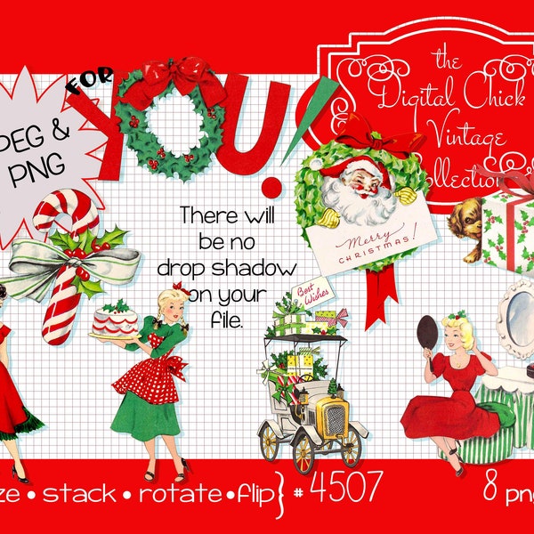 Digital Clipart, instant download, Vintage Christmas Card Images, ladies, woman, puppy dog, Christmas dresses--Printable PNG Files 4507