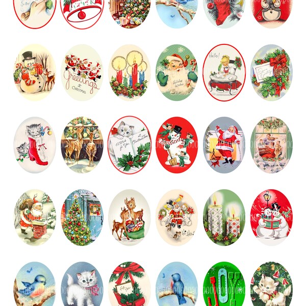 Printable Oval Cabochons, Vintage Images for pendant, cameo 30mm by 40mm Christmas, Snowmen, kittens, Santa--8.5 by 11--Collage Sheet 4071