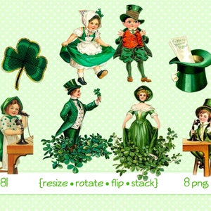 St Patrick's Day Digitale clipart, instant download, Afbeeldingen -- Ierse vrouwen mannen kinderen, dans, shamrock, jig, groene hoge hoed -- 8 png bestanden 4581