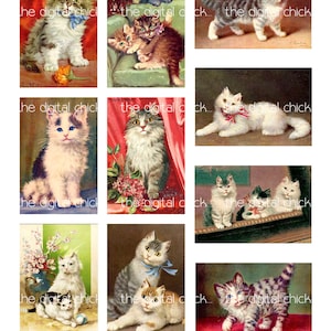 Könnte beinhalten: Eine Collage von Katzenillustrationen im Vintage-Stil. Die Bilder zeigen verschiedene Katzenrassen in unterschiedlichen Posen, einige mit Schleifen oder Bändern. Die Farbpalette umfasst weiche Pastelltöne und warme Farben. Text enthält "the digital chick", "#685" und "2"by3" rectangles".