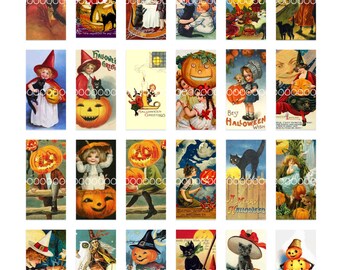 Vintage Victorian Halloween Domino Images--instant digital download, cute witch pumpkins black cats moons pendant--(8.5 by 11 inches)   128