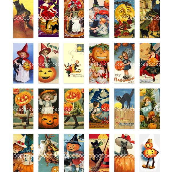 vintage Victorian Halloween Domino Images - téléchargement numérique instantané, mignons citrouilles sorcières chats noirs lunes pendentif --(8,5 par 11 pouces) 128