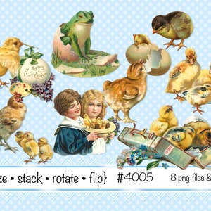 Vintage Ostern Digitale Clipart, Sofort Download, Osterküken, Eier, Henne, Frosch, Kinder, Entenküken, Osterkartenherstellung-PNG Dateien 4005