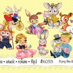 Vintage Ostern Digitale Clipart, Instant Download, Osterhasen, Kalb, kleiner Junge, kleines Mädchen, Malen Eier--PNG Dateien 6033