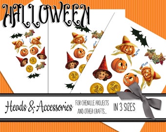 Pacchetto testa stampabile per ornamenti in ciniglia, clipart di Halloween, zucche, strega, spaventapasseri, luna in 3 dimensioni, foglio collage download digitale