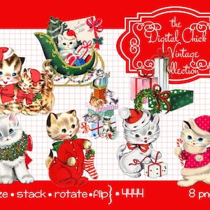 Christmas Clipart, instant download, Vintage Christmas kitten Images, kitty cats, sleigh gifts presents clip art--Printable PNG Files 4444