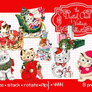 Vintage Weihnachtskätzchen Clipart: Urlaub Kitty PNG Bilder (digitaler Download)