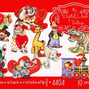 Imágenes prediseñadas digitales, Vintage Cir Valentine Clip Art, jirafa, hipopótamo, elefante, payaso, tren--archivos JPG y PNG 4404